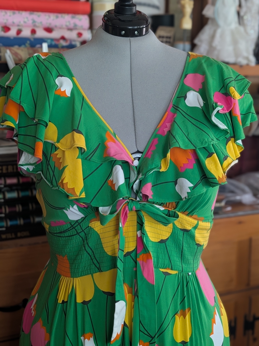 Trashy Diva "Mod Tulips" Ingenue Dress Retro Stretch Rayon Green Floral Gown 24
